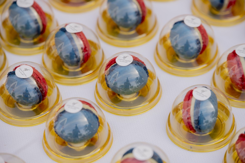 Blue, white, and red macarons, in the colors of France, offered by the Alliance Française of Saudi Arabia during the 2024 Food Festival held in Riyadh.